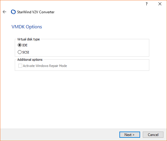 StarWind V2V Converter - VMDK Options